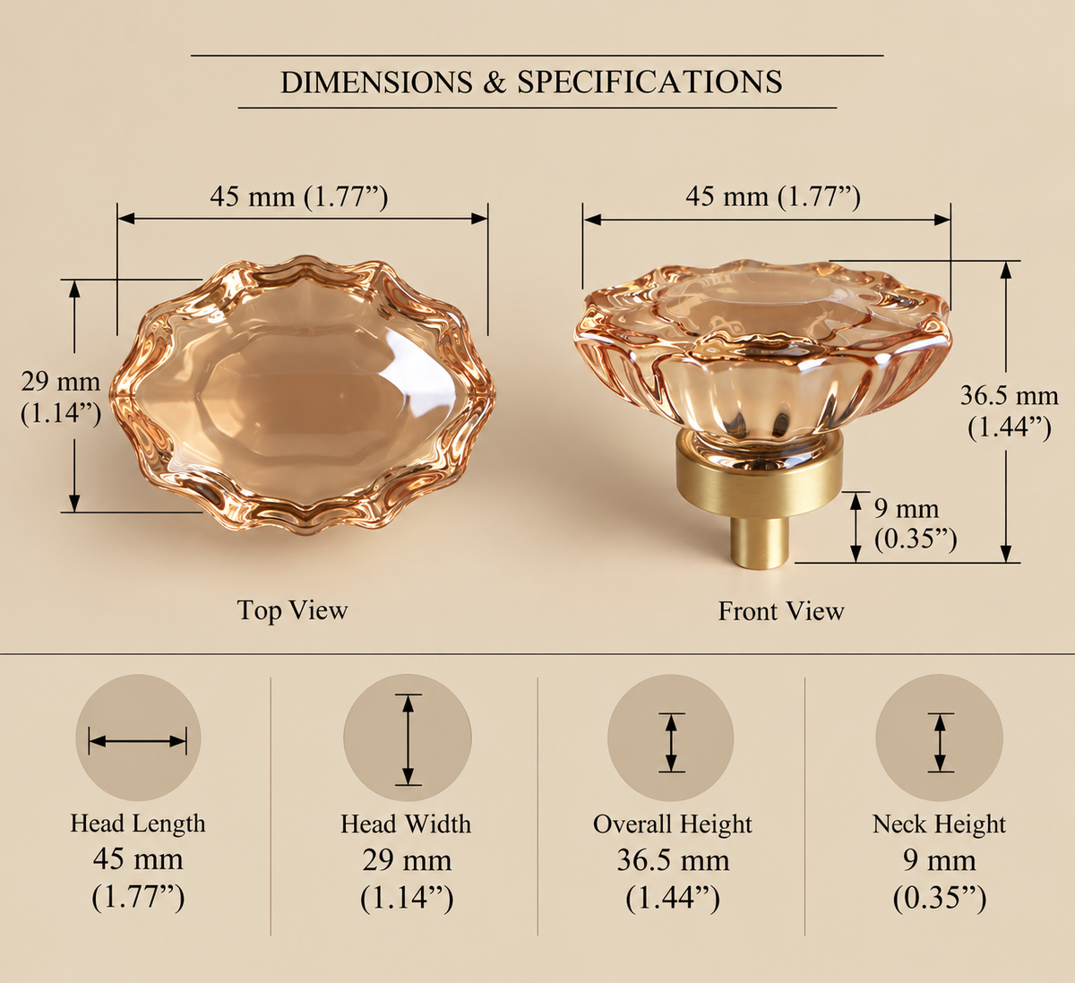 Technical drawing, fluted oval champagne glass knob 015073, 45 x 29mm
