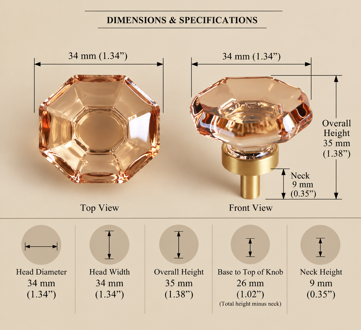 Technical drawing, octagonal champagne glass knob 015075, 34mm