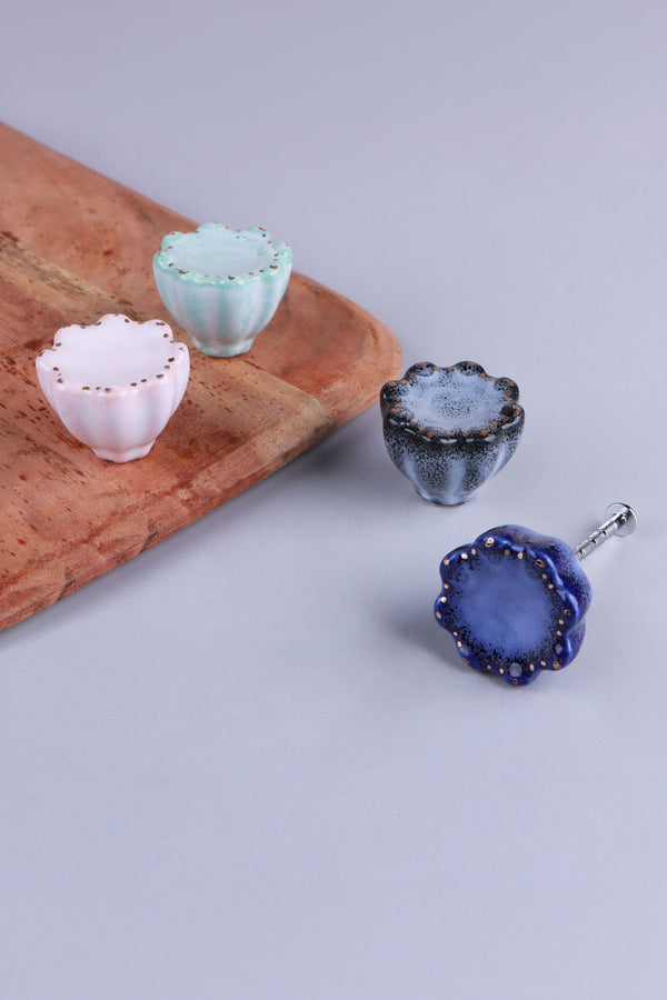 Scalloped Ceramic Drawer Knob with Gold-Dot Rim