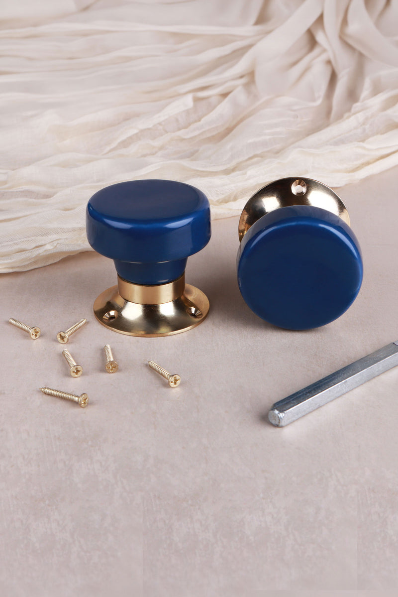 Navy Blue Ceramic Mortice Door Knobs with Polished Brass Roses