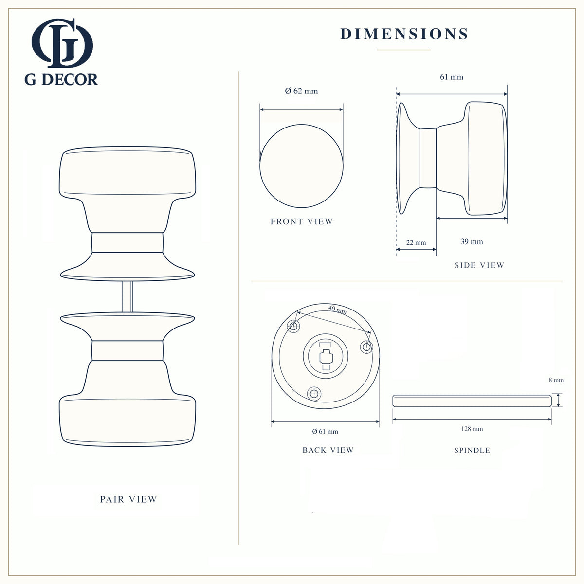 Size drawing of the flat ceramic mortice door knob: 62 mm knob, 61 mm from the door, 61 mm round rose with fixing holes 40 mm apart, 8 mm square spindle 128 mm long