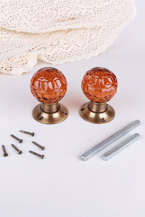 Amber Faceted Glass Mortice Door Knobs with Antique Brass Roses