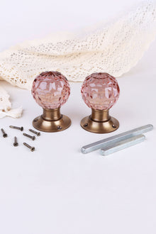 Blush Pink Faceted Glass Mortice Door Knobs with Antique Brass Roses