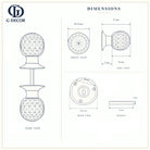 Size drawing of the faceted glass ball mortice door knob: 58 mm knob, 87 mm from the door, 61 mm round rose with fixing holes 40 mm apart, 8 mm square spindle 76 mm long