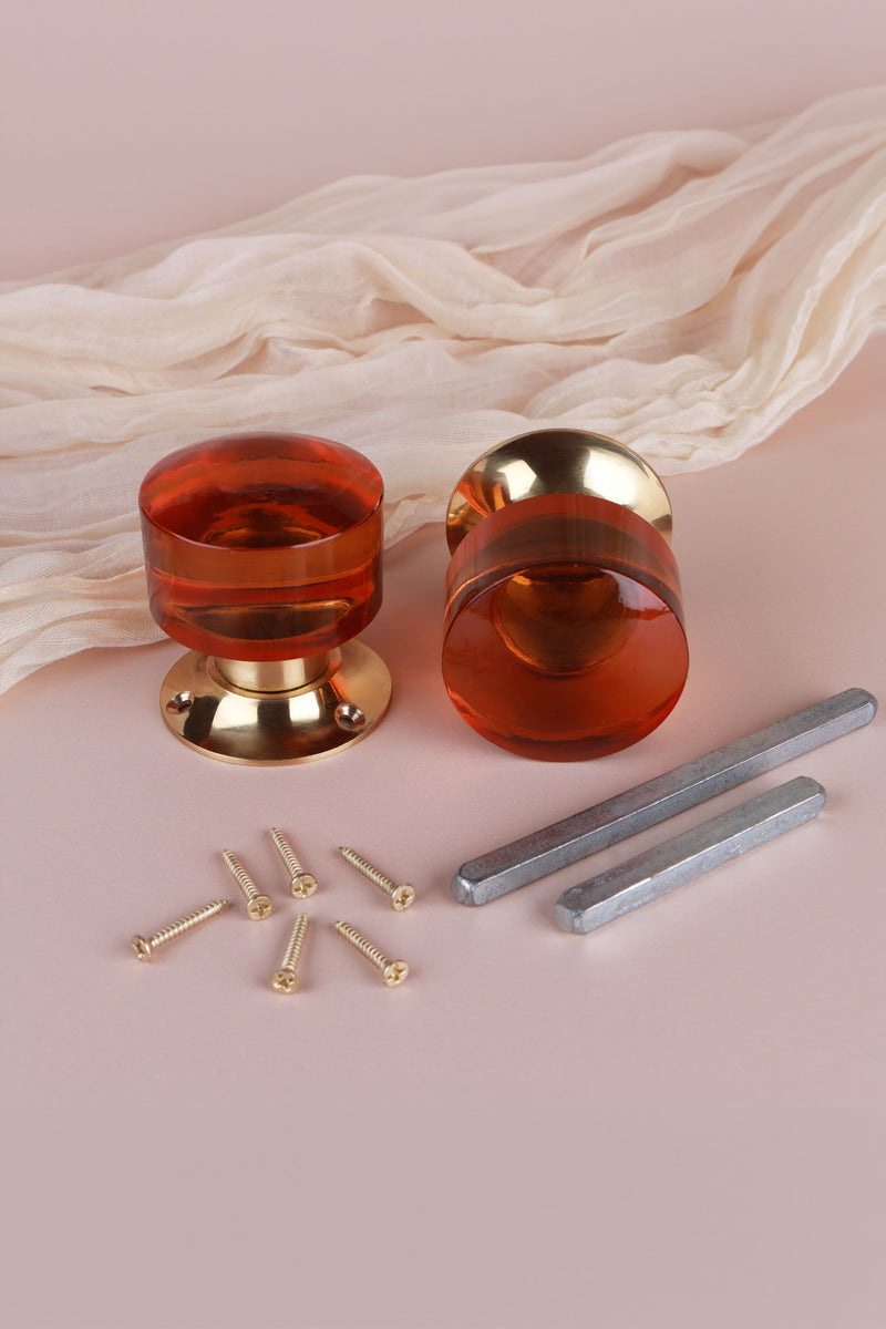 Amber Cylinder Glass Mortice Door Knobs with Polished Brass Roses