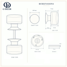 Size drawing of the cylinder glass mortice door knob: 69 mm knob, 70 mm from the door, 61 mm round rose with fixing holes 40 mm apart, 8 mm square spindle 76 mm long