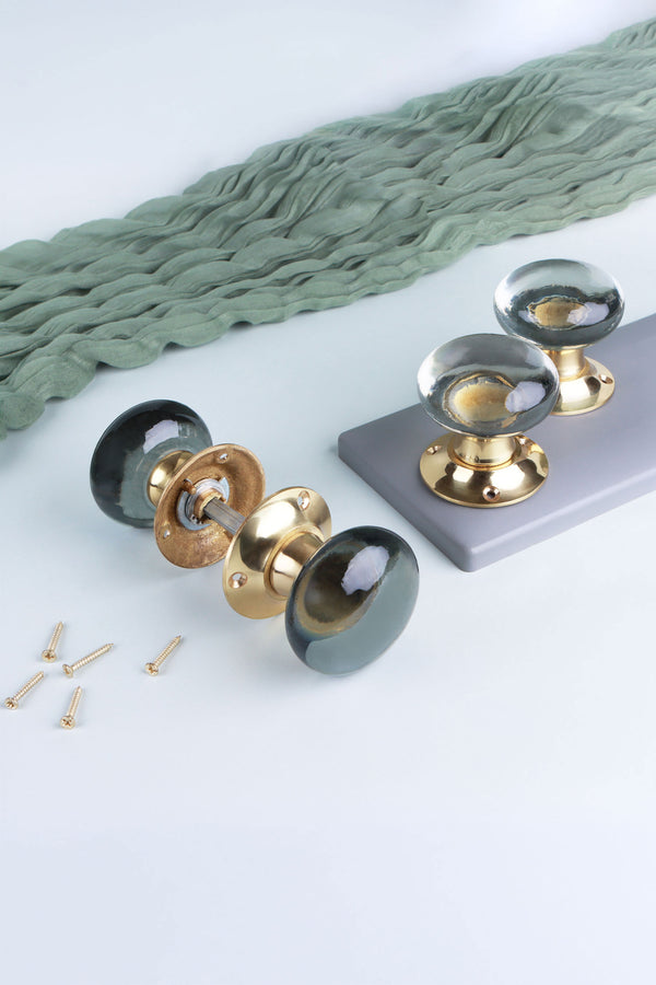 Dome Glass Mortice Door Knobs with Polished Brass Roses