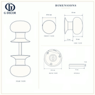 Size drawing of the dome glass mortice door knob: 64 mm knob, 68 mm from the door, 61 mm round rose with fixing holes 40 mm apart, 8 mm square spindle 76 mm long