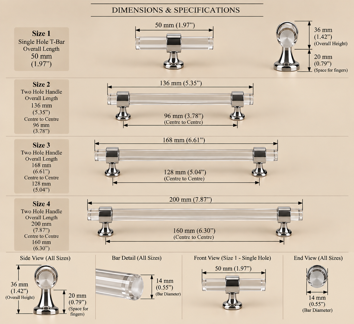 Technical drawing, crystal bar pull handles, 50mm T-bar and 96, 128, 160mm centres