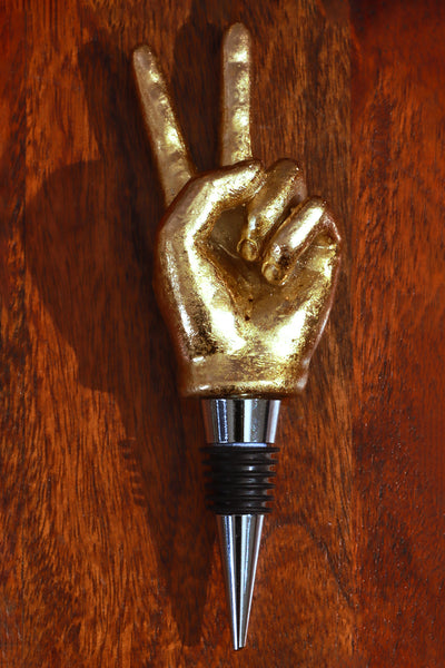 Brass Hand Peace Sign Bottle Stopper
