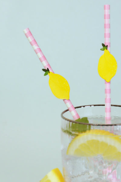 Set of 20 Pink and White Gingham Pattern Paper Straws with Lemon Decoration