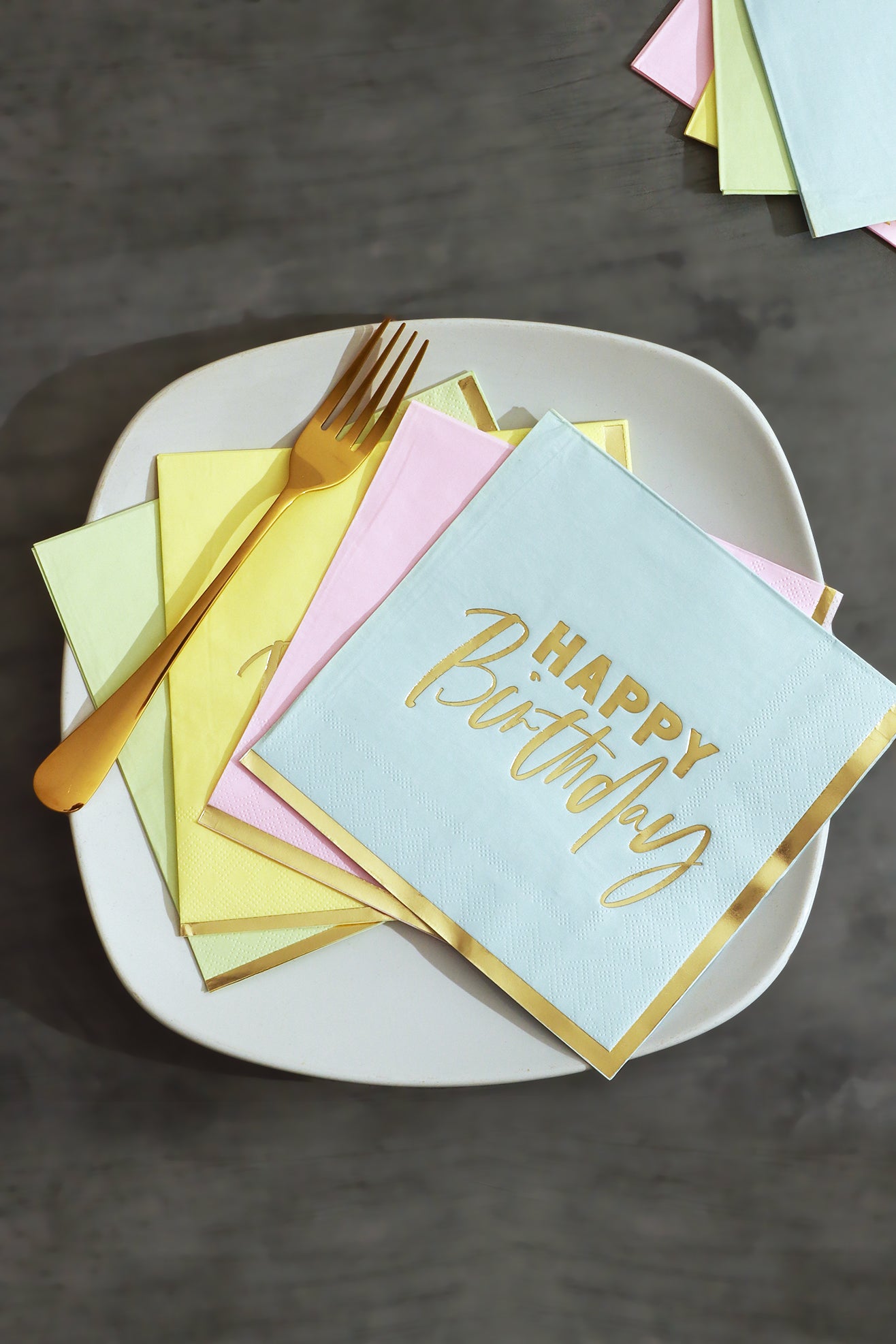 Set of 16 Pastel 3-Ply Paper Napkins with "Happy Birthday" and Gold Edges