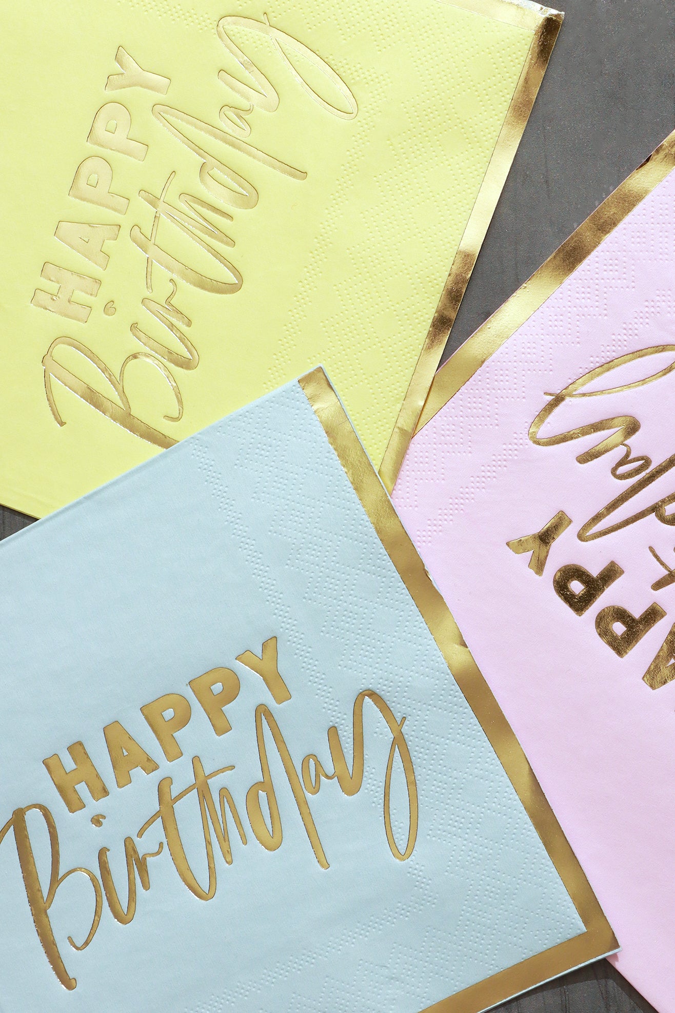 Set of 16 Pastel 3-Ply Paper Napkins with "Happy Birthday" and Gold Edges
