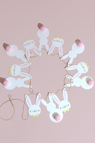 Bunny Bunting with White Rabbit Faces and Silhouettes with Pom Pom Tails