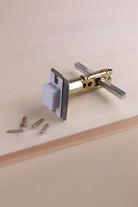 Tubular mortice latch with spindle fitted, satin faceplate and dust socket, shown with fixing screws