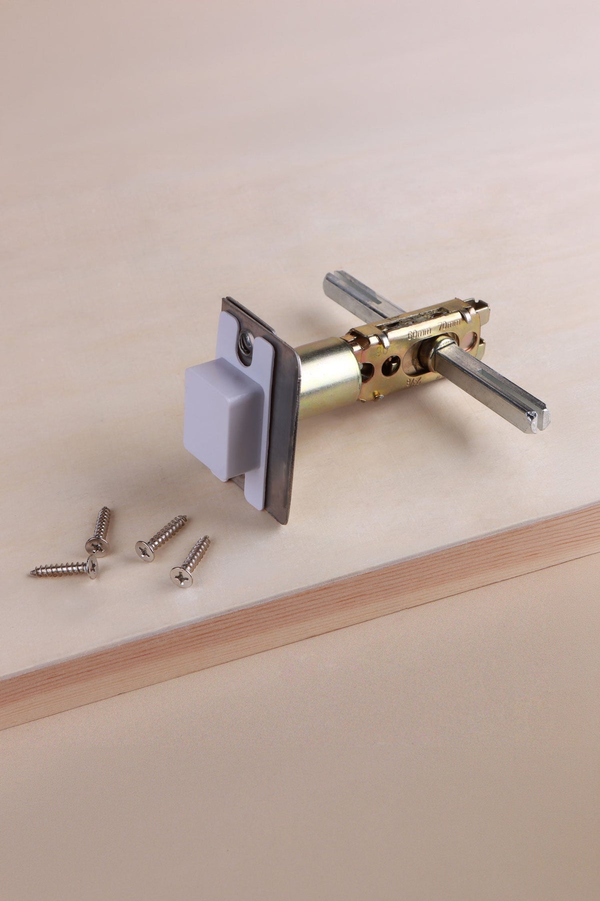 Tubular mortice latch with spindle fitted, satin faceplate and dust socket, shown with fixing screws