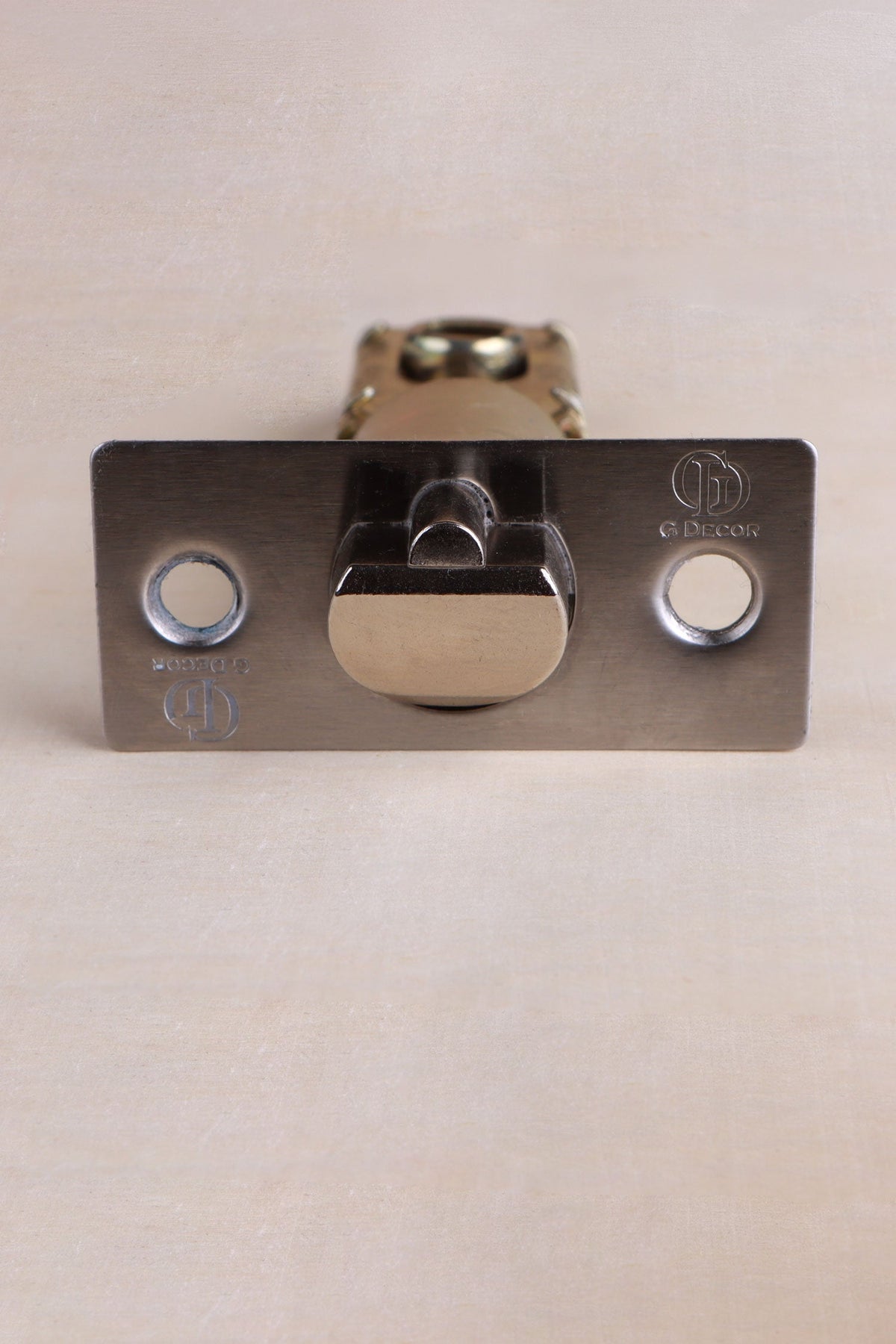G Decor engraved satin faceplate on the tubular mortice latch, front view