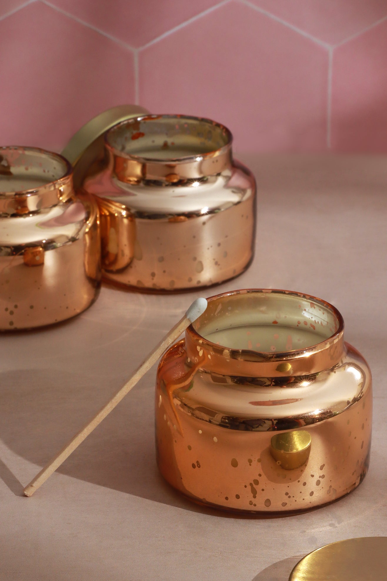 Set of 3 Scented Vela Mercury Rose Gold Jasmine Soy, Perfect for Meditation, Small Jar candles