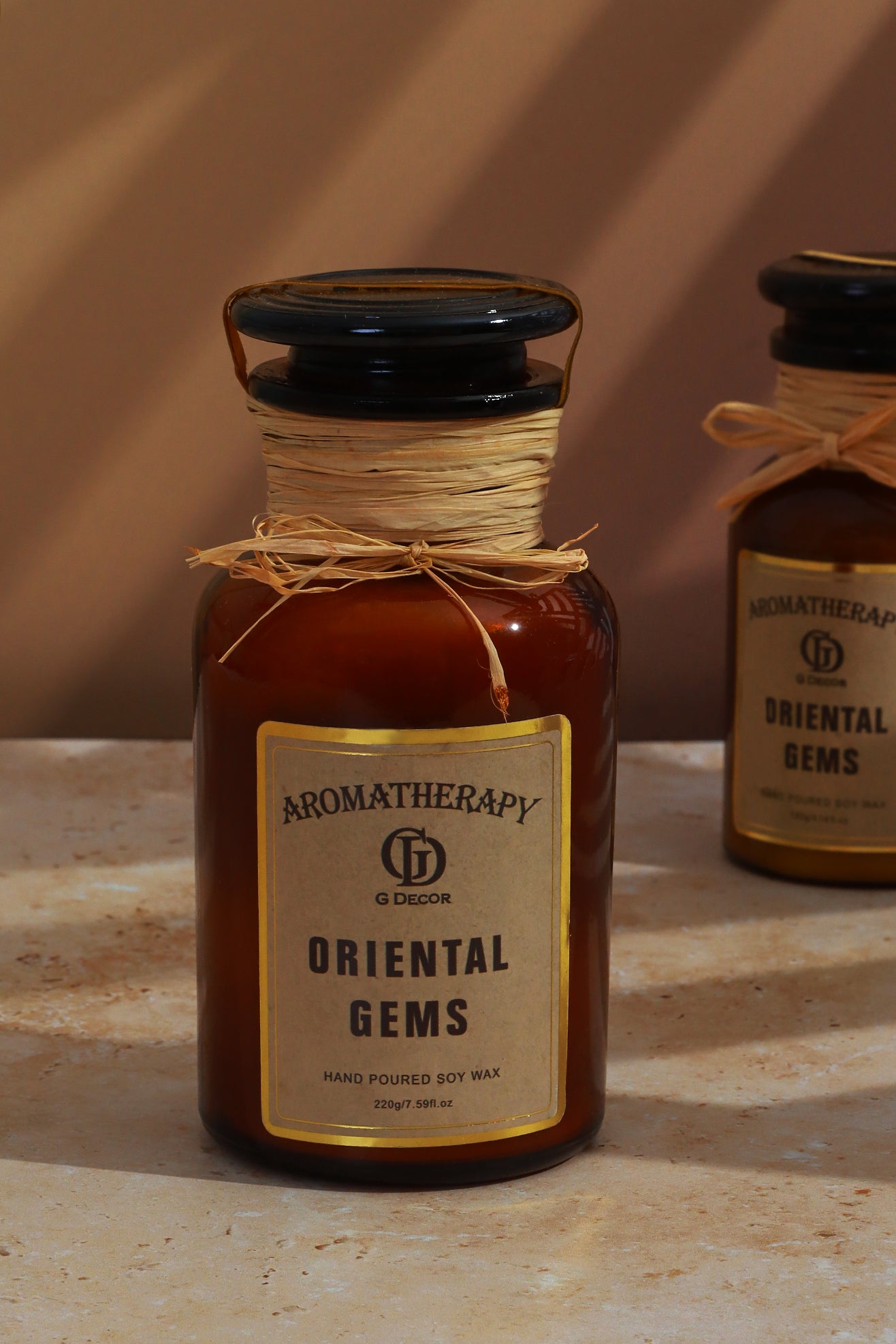 Oriental Gems Scented Musky Woody Aromatherapy Amber Bottle Jar Candle