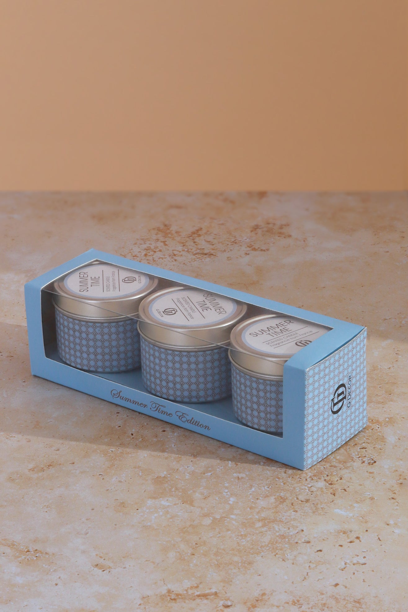 Set Of Three Scented Summer Time Floral Blue Tin Candles Gift Set