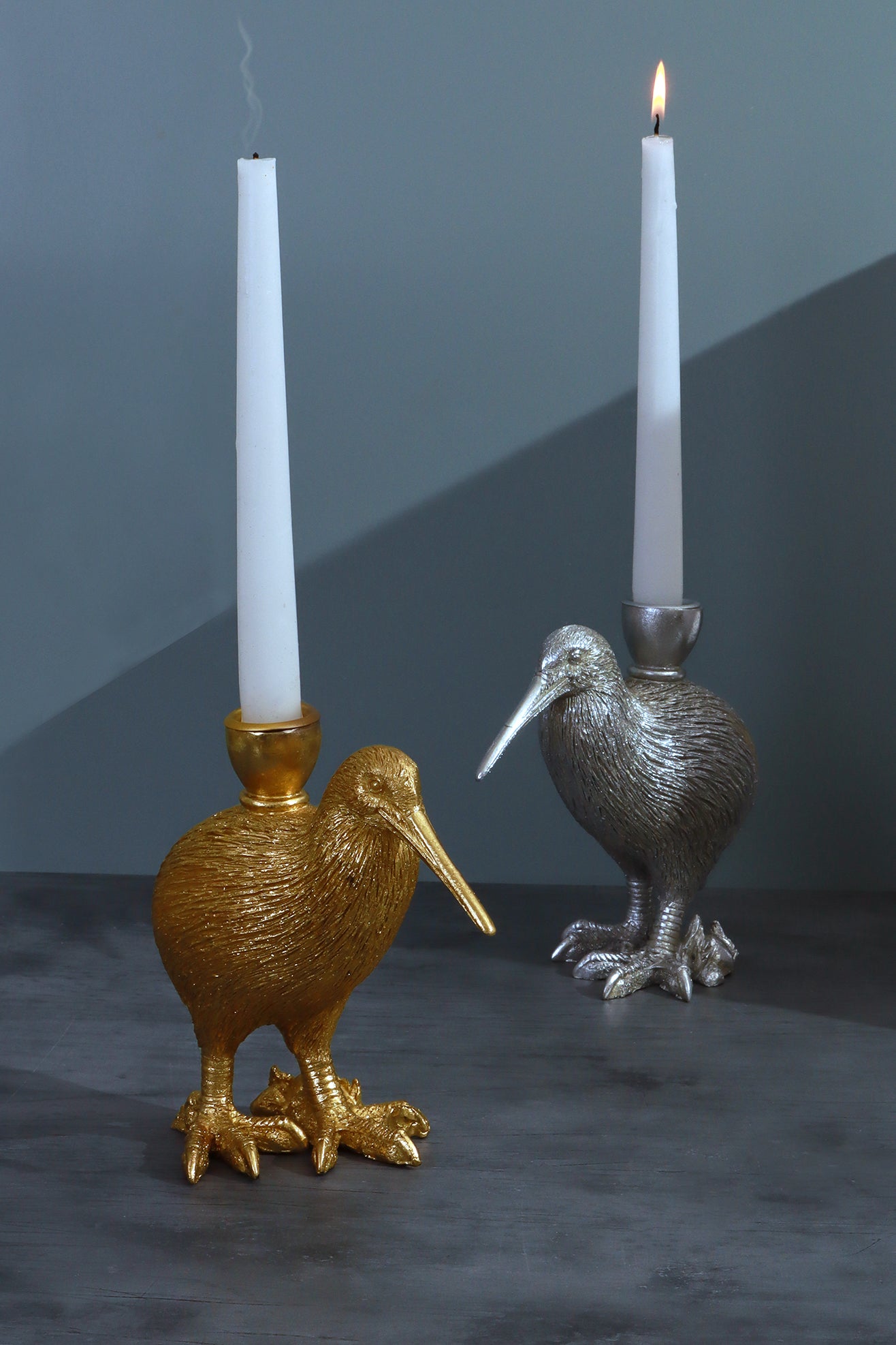 Brass Kiwi Bird-Shaped Gold and Silver Dinner Candle Holders