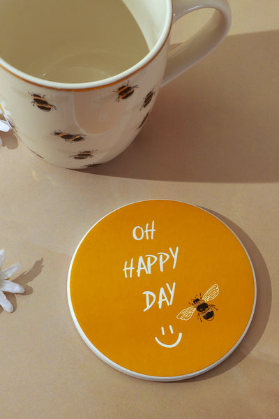 Gift Set Bee Happy Gold Ceramic Tea Coffee Mug With Matching Coaster