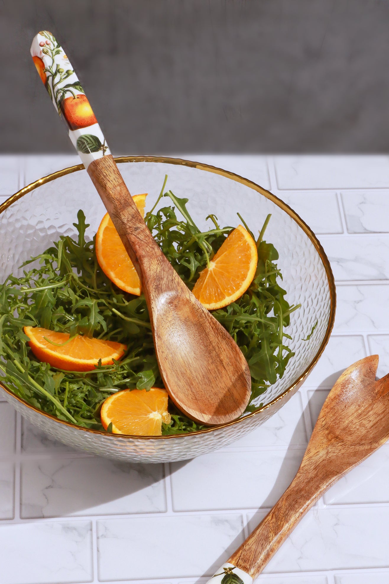 Wooden Salad Serving Spoons with Decorative Orange Blossom Print Handles