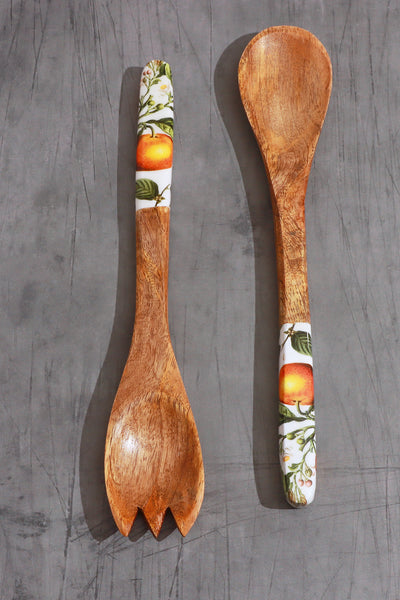 Wooden Salad Serving Spoons with Decorative Orange Blossom Print Handles