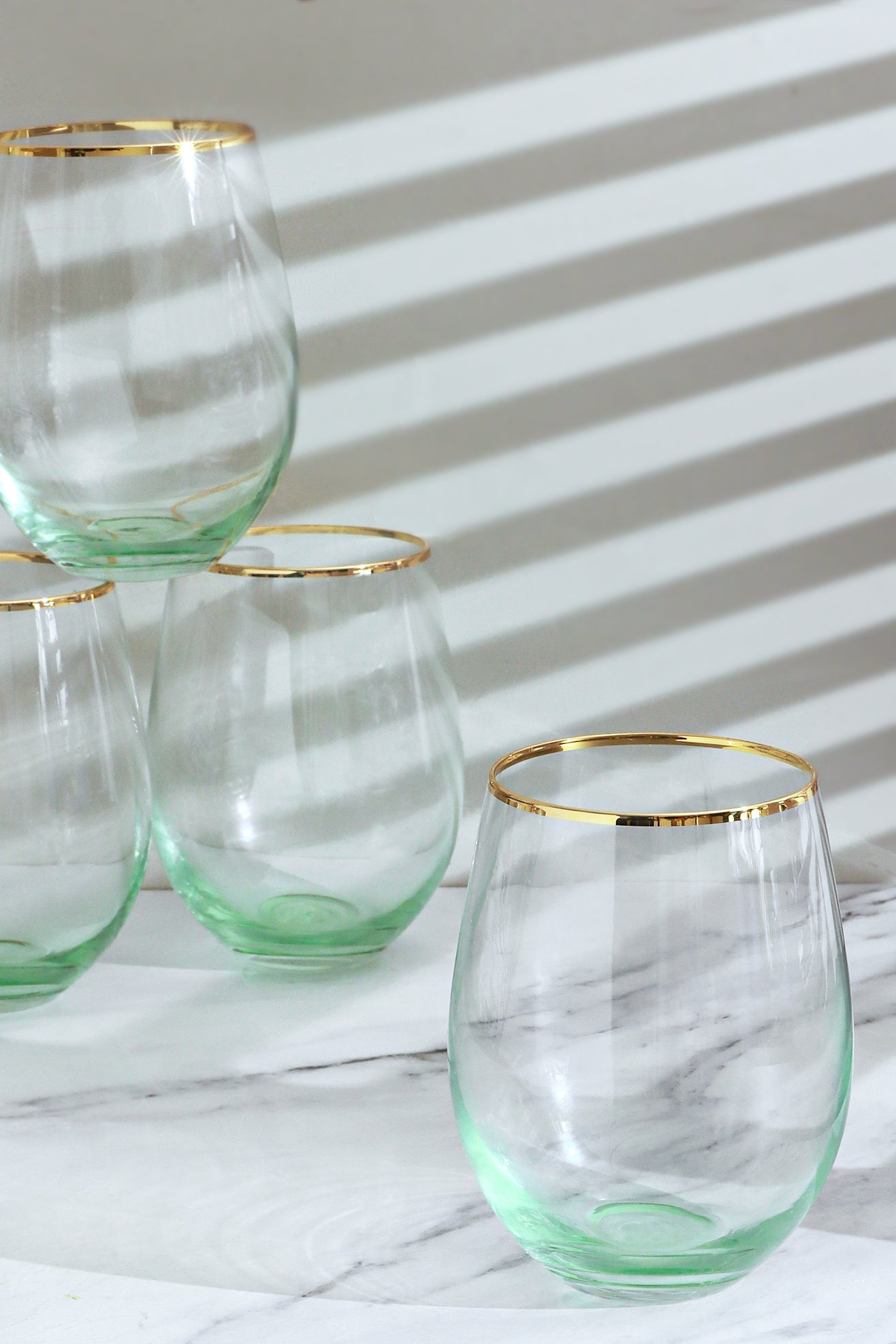 Set Of Four Lazaro Green Ombre Design with Gold Rim Tumbler Drinking Glasses