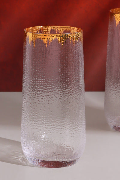 Set of Four Textured Hammered Splash Gold Rim Tumbler Drinking Glasses: Stylish Glassware for Everyday Use and Elegant Entertaining