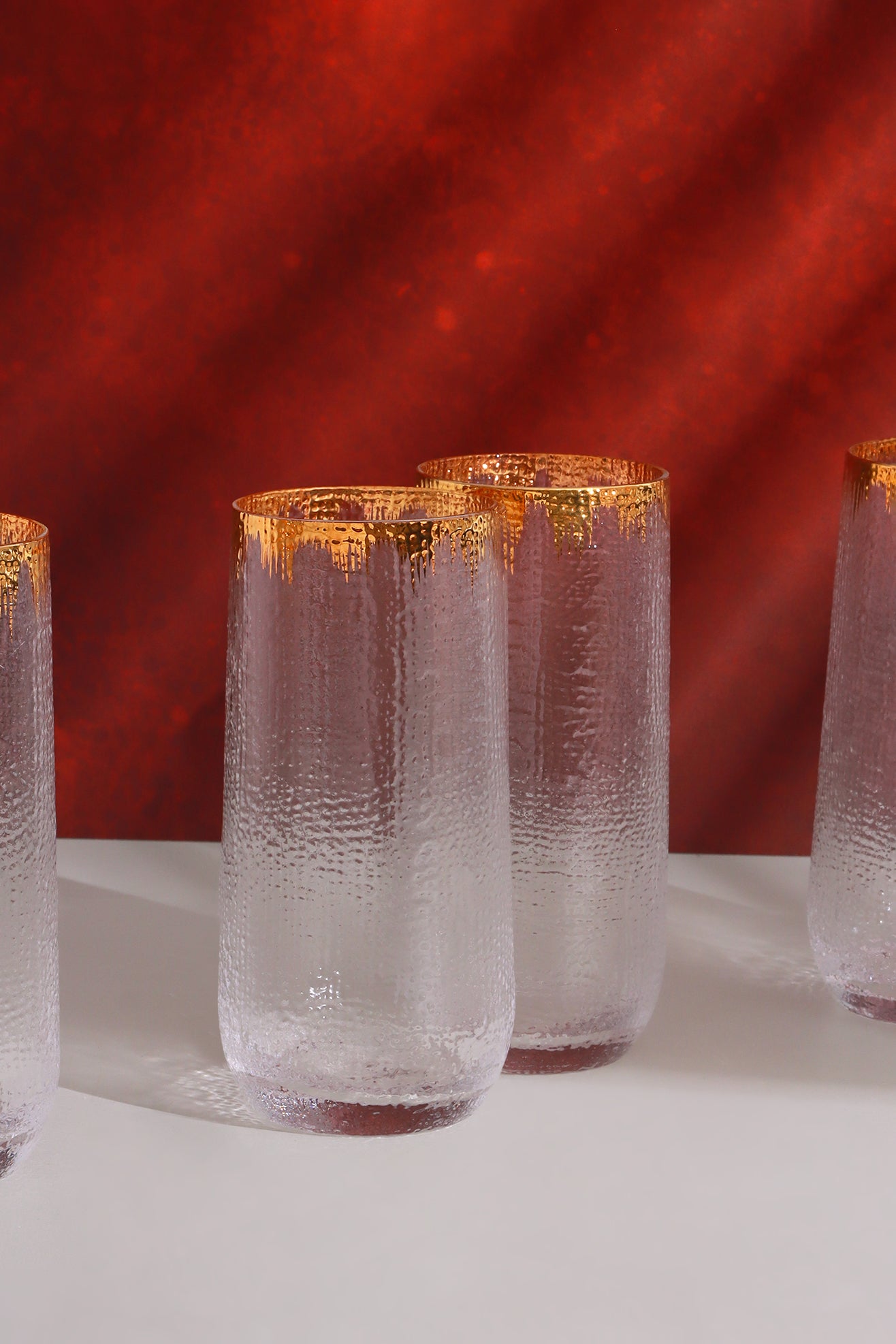 Set of Four Textured Hammered Splash Gold Rim Tumbler Drinking Glasses
