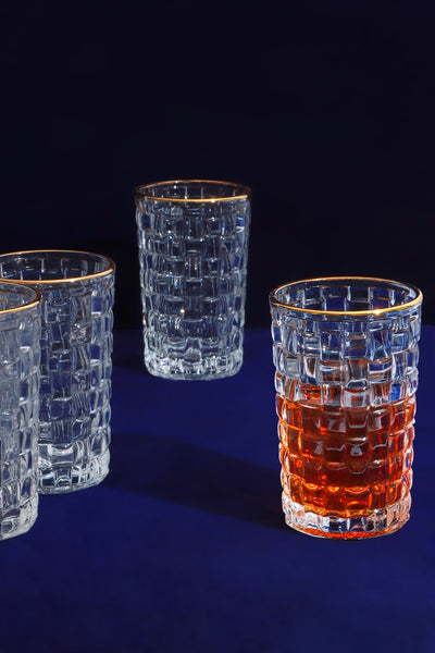 Set Of 4 Dante Vintage Textured Gold Rim Highball Drinking Glasses