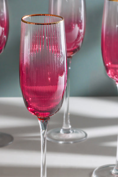 Set Of 4 Monroe Ribbed Pink Ombre Champagne Flute