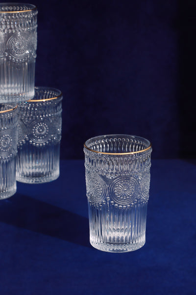 Set Of Four Dario Vintage Textured Gold Rim Highball Glasses