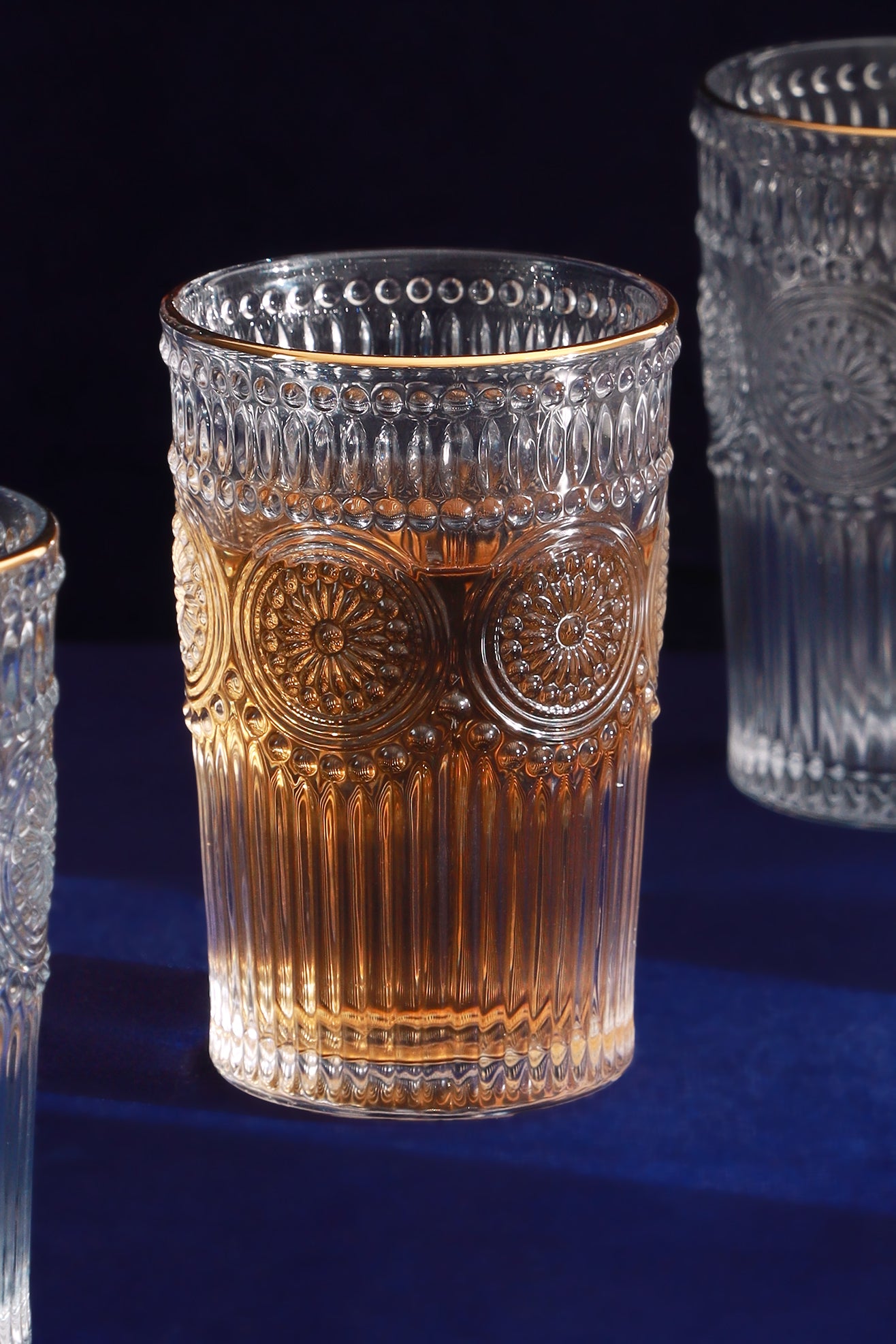 Set Of Four Dario Vintage Textured Gold Rim Highball Glasses