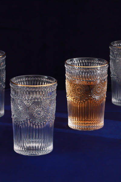 Set Of Four Dario Vintage Textured Gold Rim Highball Glasses