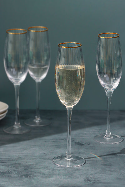 Set of 4 Aurora Clear Ribbed Textured Gold Rim Champagne Flutes