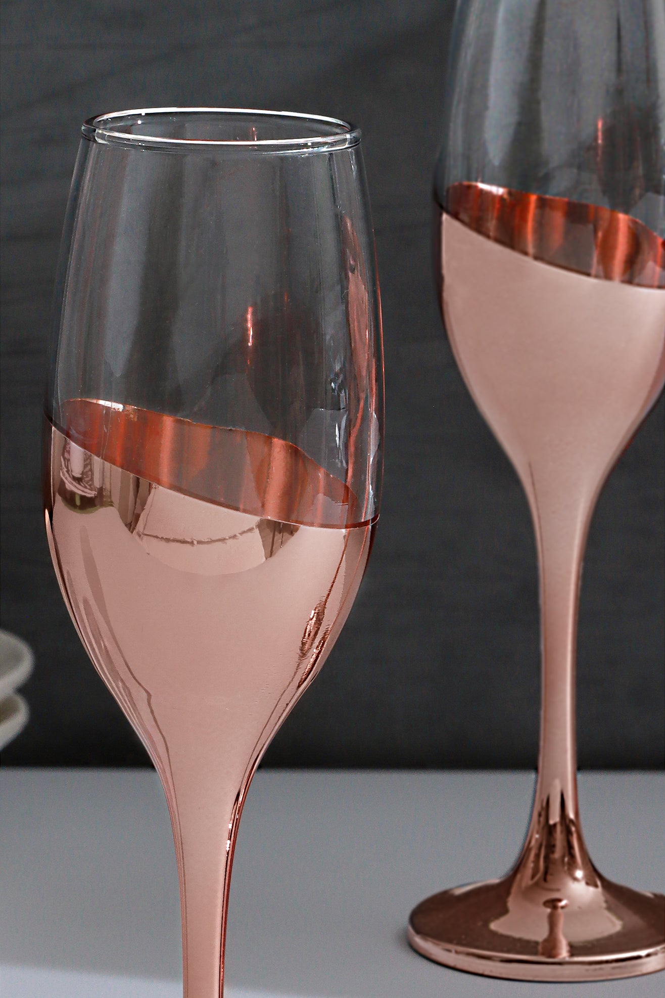 Set of Four Sephora Two-Tone Copper Plated Rose Gold Champagne Glasses, Stylish and Elegant Glassware for Parties and Entertaining