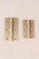 Satin brass cupboard butt hinge detail, solid brass screws supplied