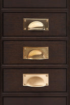 Rounded Plate solid brass cup pull, shown in polished, aged and satin brass