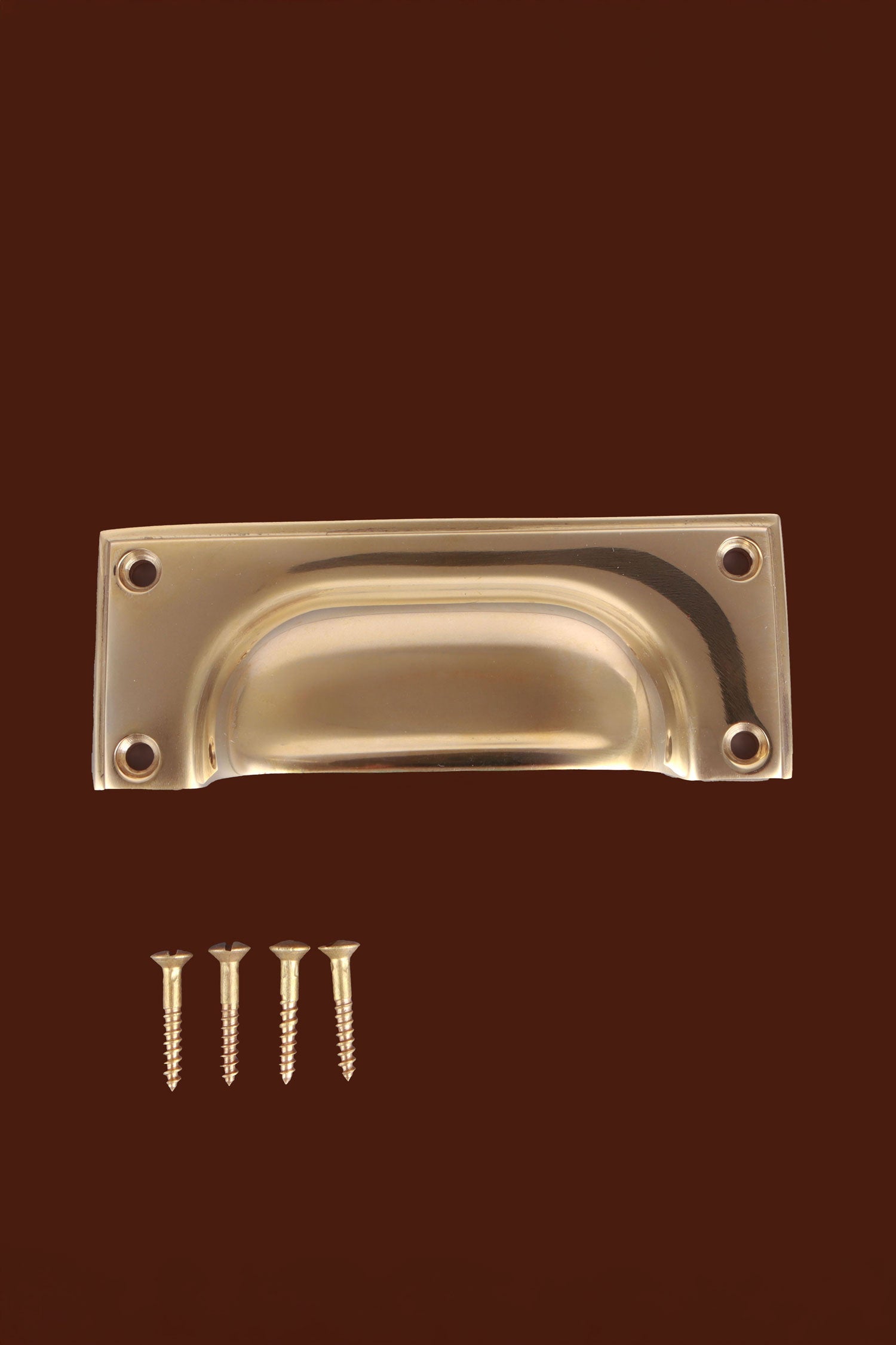 Square Plate cup pull in polished brass, unlacquered living finish