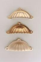 Scalloped brass cup pulls grouped, showing the shell ribs