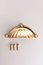 Scalloped cup pull in polished brass, unlacquered living finish