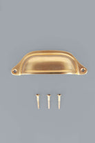 Deep Scoop cup pull in aged brass, unlacquered living finish