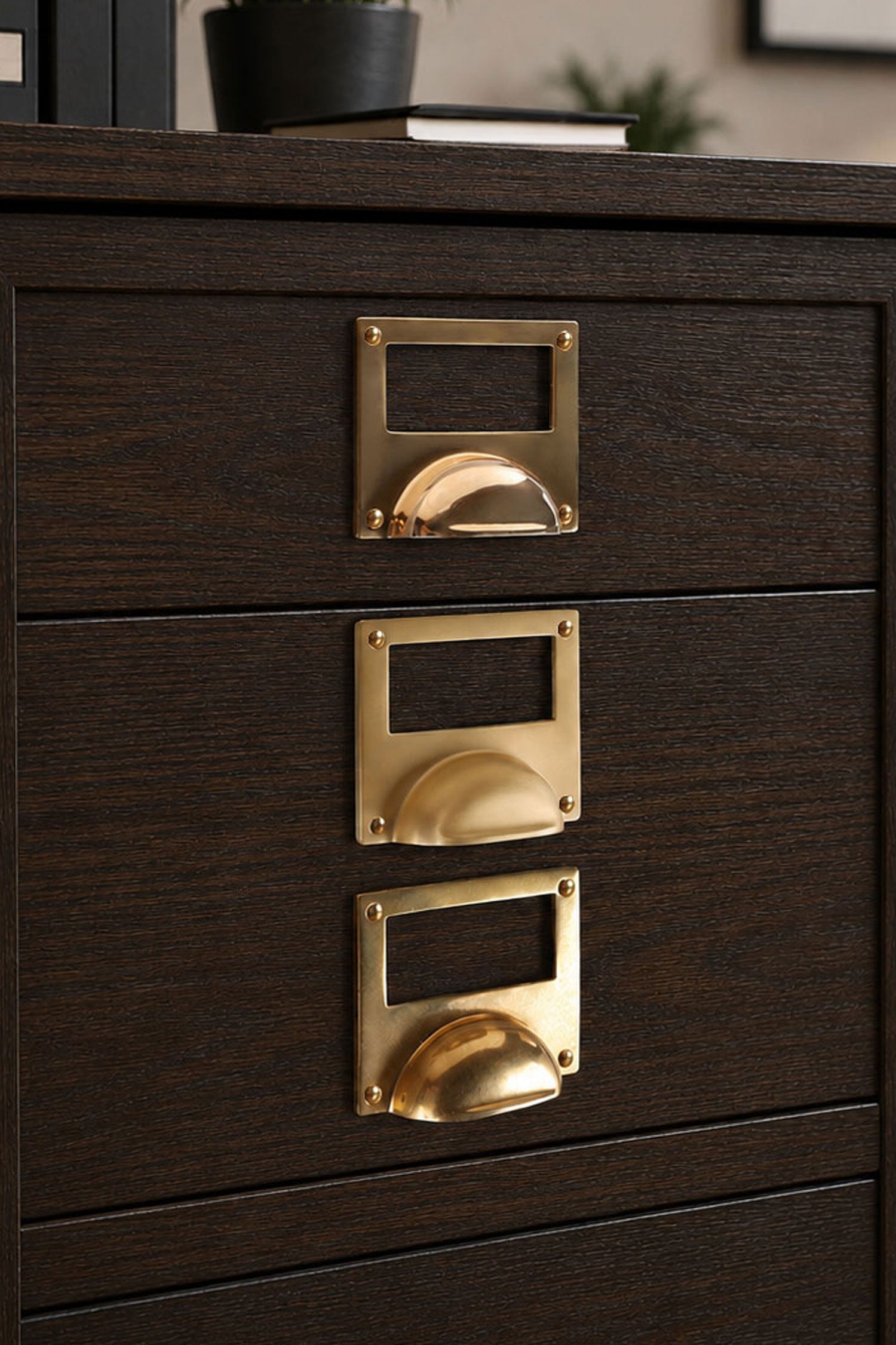 Card frame cup pulls on pantry drawers, labels written in