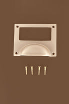 Card frame cup pull in satin brass, with a label window above the cup