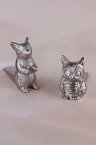 Owl and squirrel door stoppers together, chrome finish