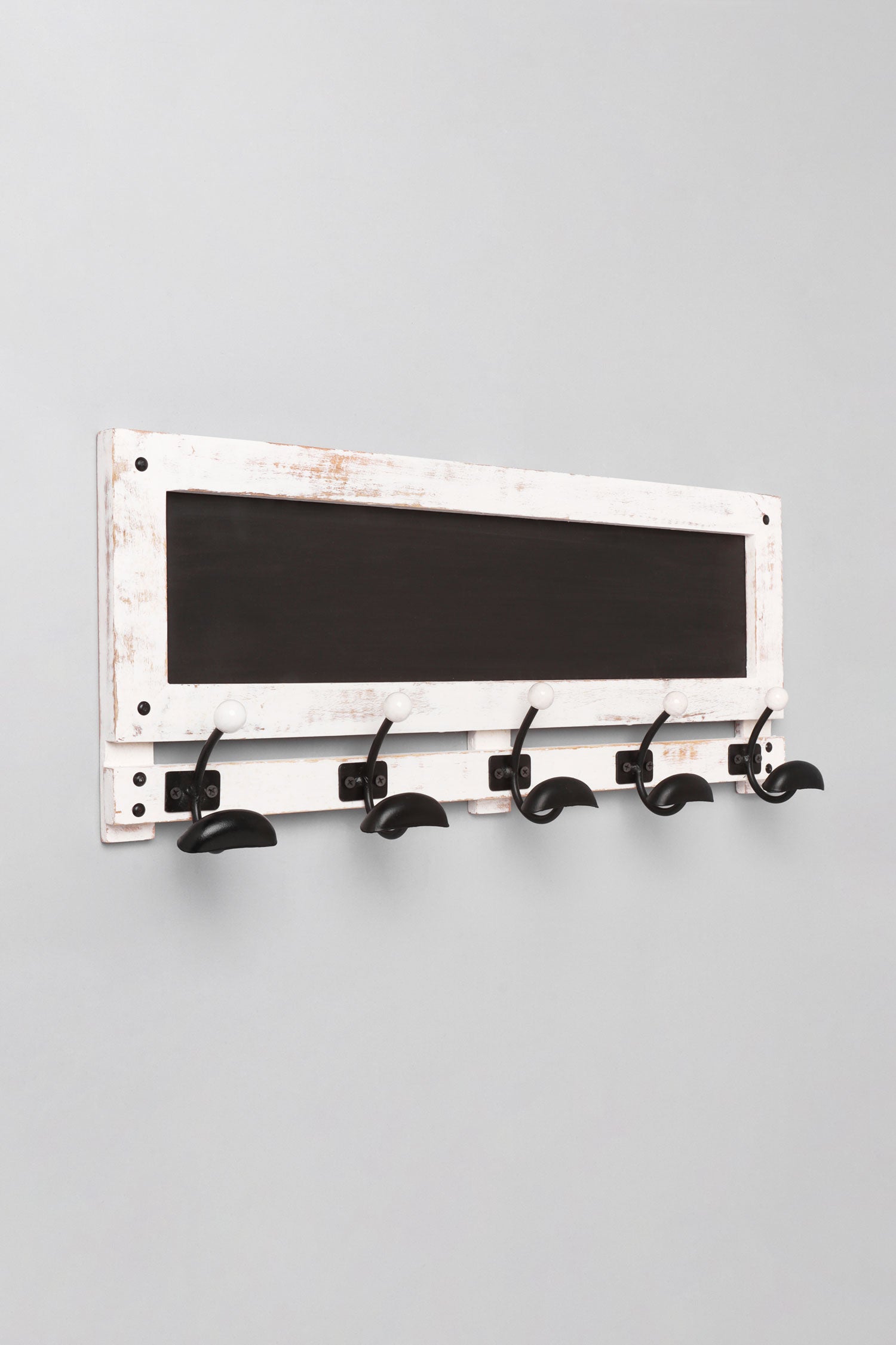 Black and white wooden wall coat hook rack with chalkboard panel