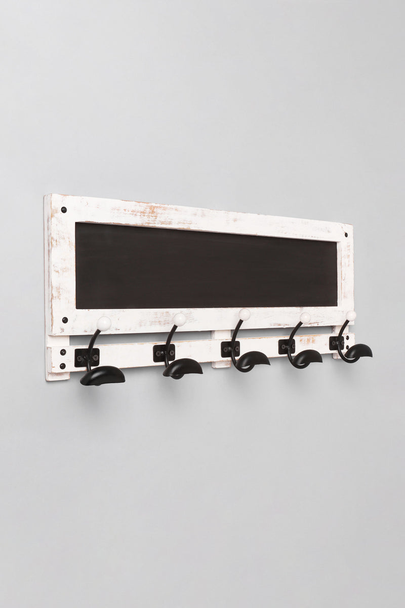 Black and White Wooden Wall Coat Hook Rack with Chalkboard Panel