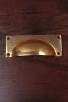 Square plate aged brass cup pull, 4 inch, flat rectangular backplate